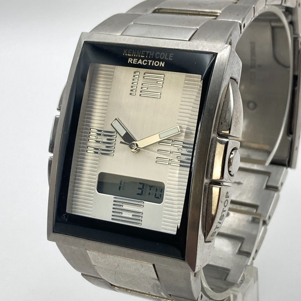 Kenneth Cole Men's Watch 34mm Analog Digital Silver Tone Tank New Battery 7.75"